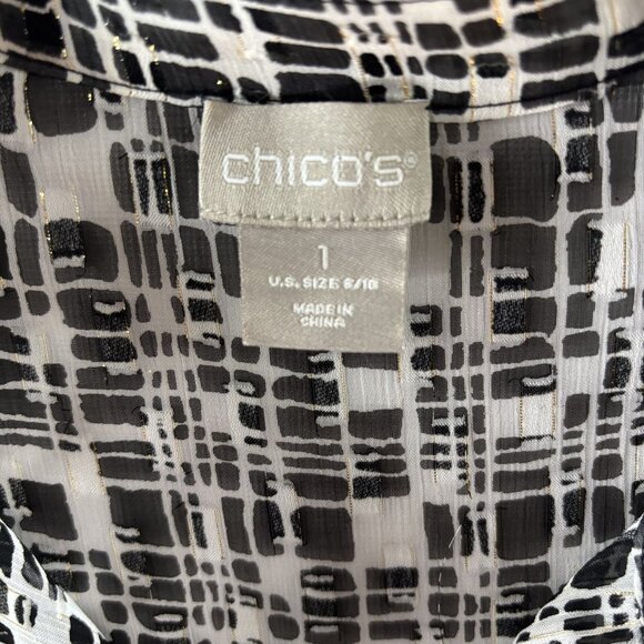 Chicos Black & White Geometric Ruffle Blouse Size 1 = M Sheer Lightweight - Picture 6 of 11